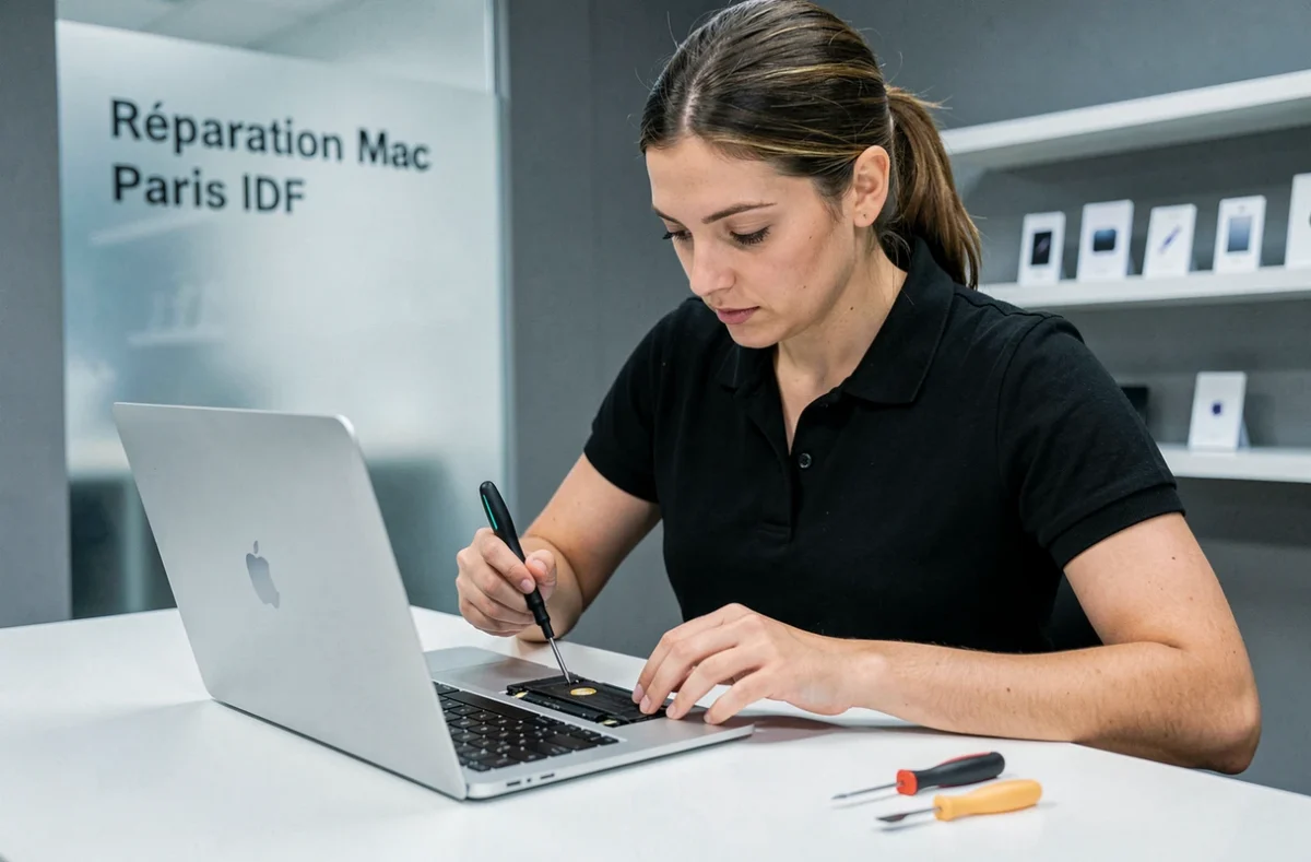 Technicienne de Réparation Mac Paris IDF remplaçant la batterie d'un MacBook dans sa boutique spécialisée