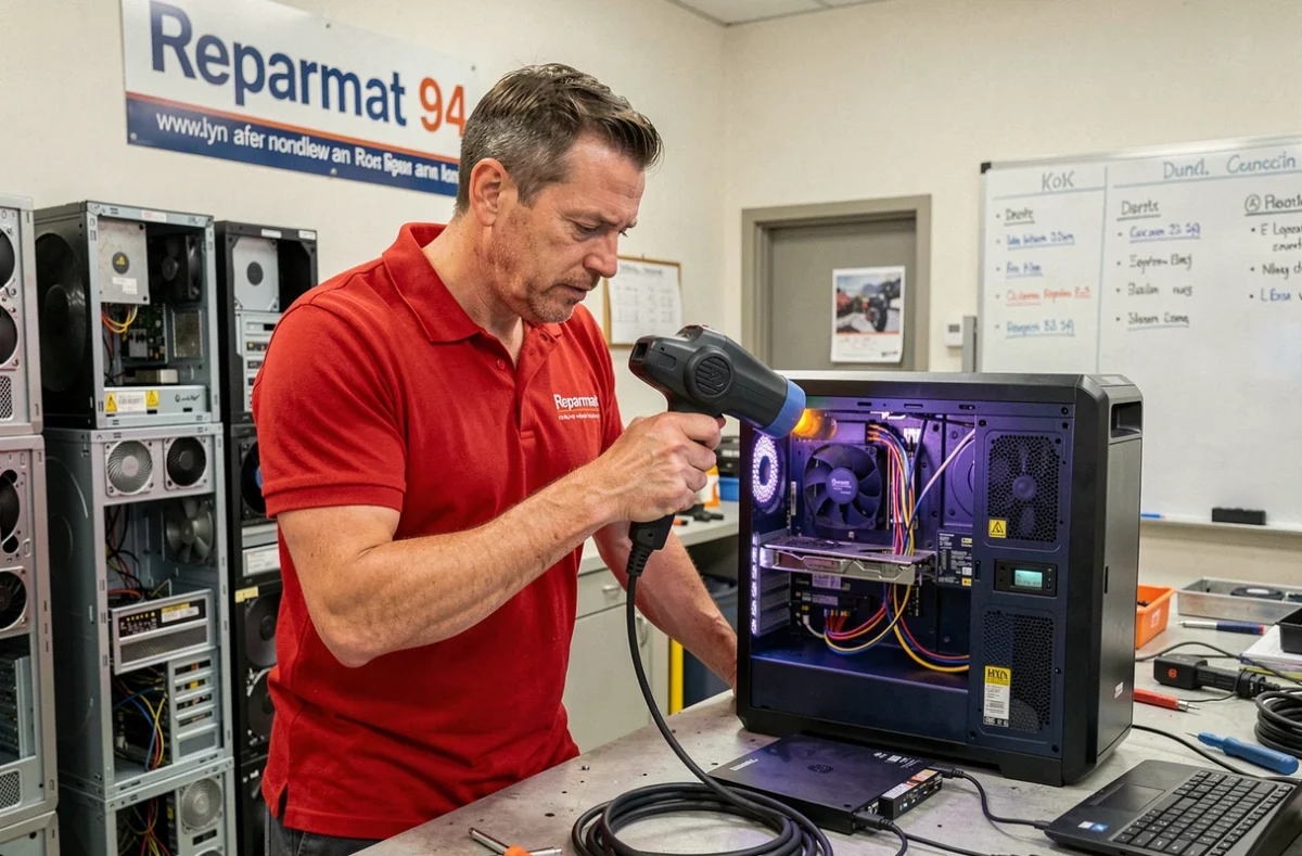 Technicien de Reparmat 94 diagnostiquant un ordinateur surchauffé avec une caméra thermique dans son atelier