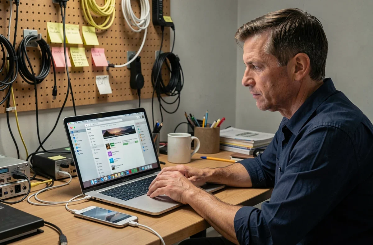 Utilisateur effectuant une sauvegarde iPhone sur MacBook avant de revenir à une ancienne version iOS
