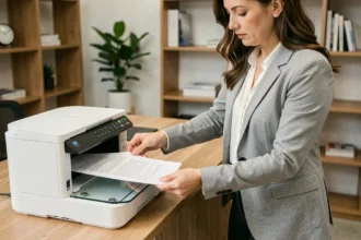 Femme plaçant un document sur le scanner d'une imprimante tout-en-un pour une numérisation recto verso
