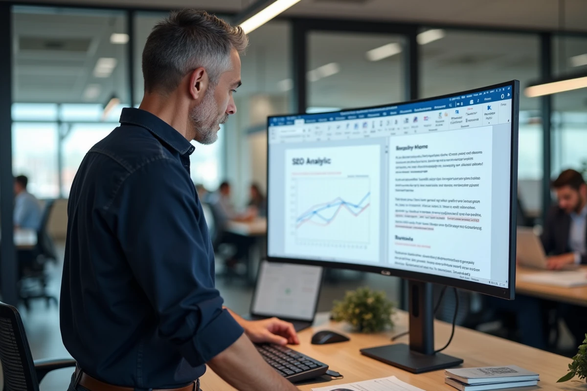Responsable SEO analysant des corrections de contenu sur un grand écran dans un open space professionnel