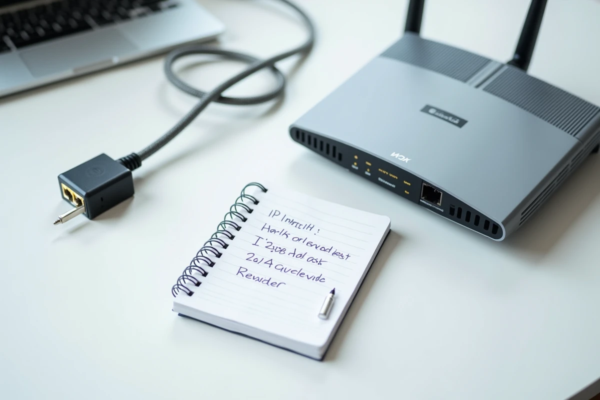 Vue aérienne d'une configuration réseau domestique avec routeur, câble ethernet et notes d'adresse IP