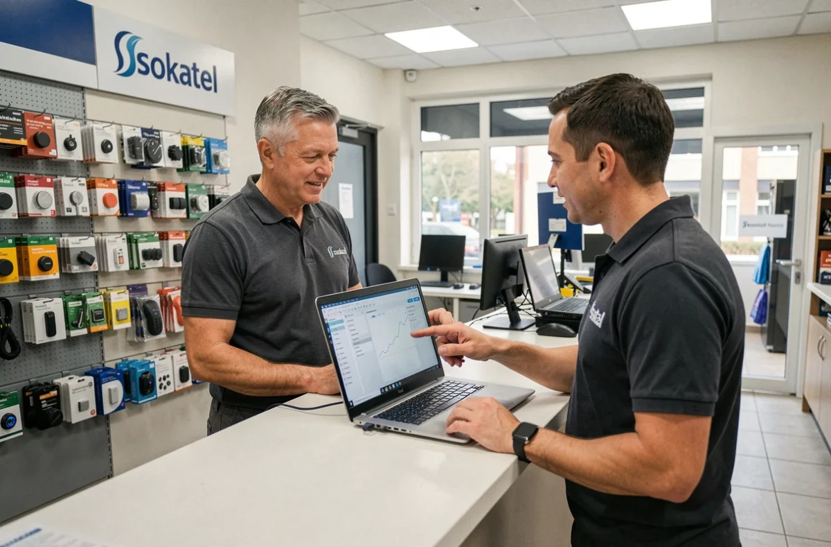 Technicien de Sokatel expliquant un diagnostic à un client dans sa boutique de réparation informatique