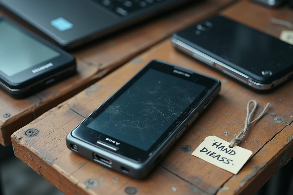 Sony Ericsson GSM d'occasion posé sur un étal de marché aux puces avec étiquette de prix