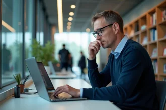 Homme universitaire en informatique concentré sur son ordinateur