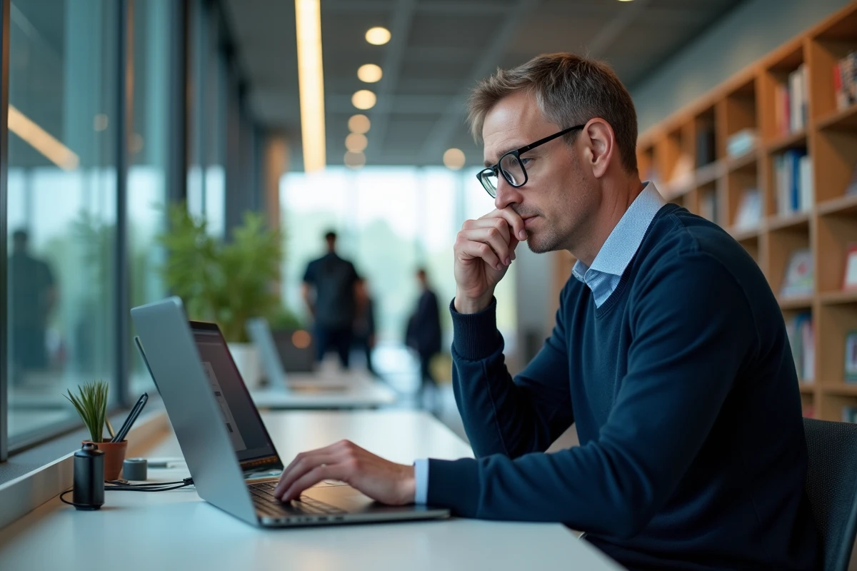 Homme universitaire en informatique concentré sur son ordinateur