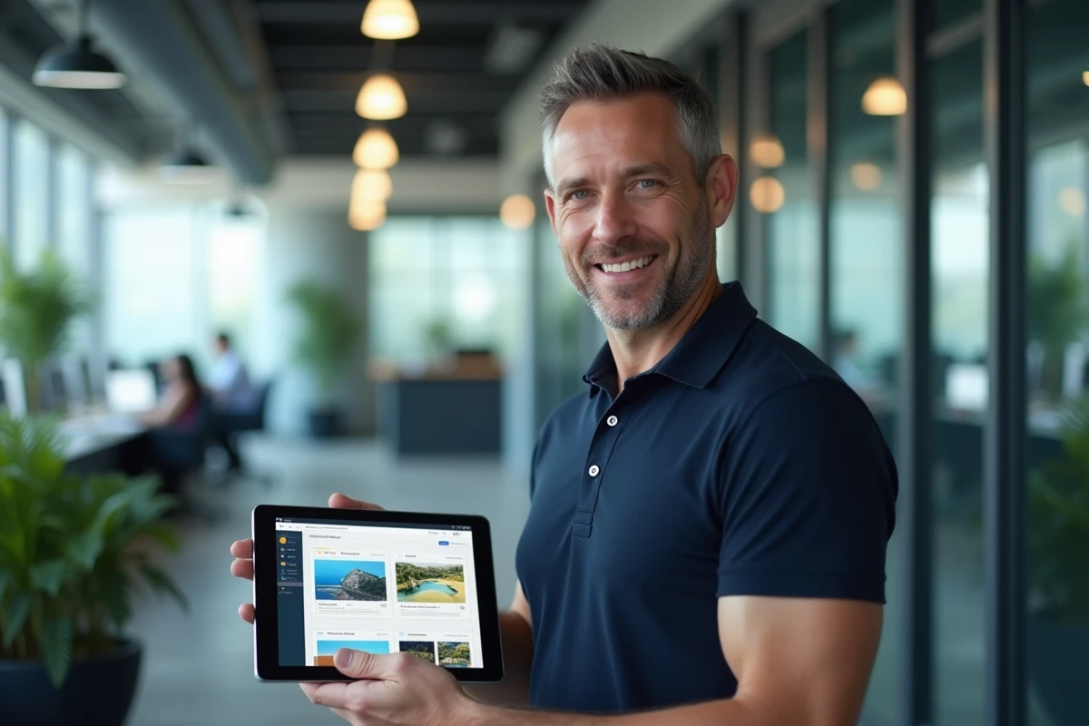 Homme tenant une tablette affichant un tableau de bord de stockage sécurisé d'images dans un bureau moderne, représentant la sécurisation de photos en ligne
