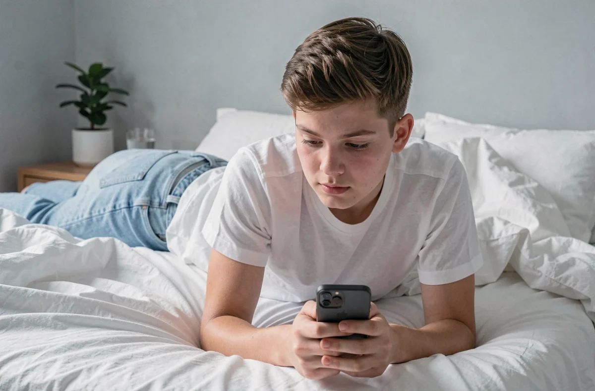Jeune adulte allongé sur son lit regardant des stories Instagram de façon anonyme sur son smartphone