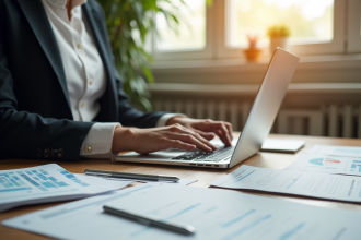 Professionnel utilisant un ordinateur portable avec notes et papiers SEO