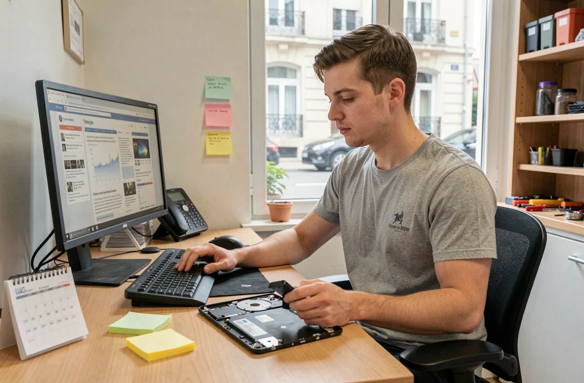 Technicien Taktik Informatique consultant des actualités tech tout en réparant une tablette en Seine-et-Marne