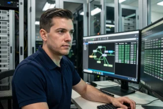 Technicien informatique analysant des adresses IP v4 sur un double écran dans une salle serveur professionnelle