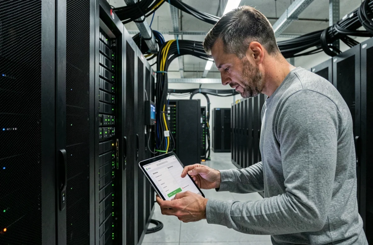 Technicien informatique vérifiant les données d'hébergement dans un centre de données sécurisé en France
