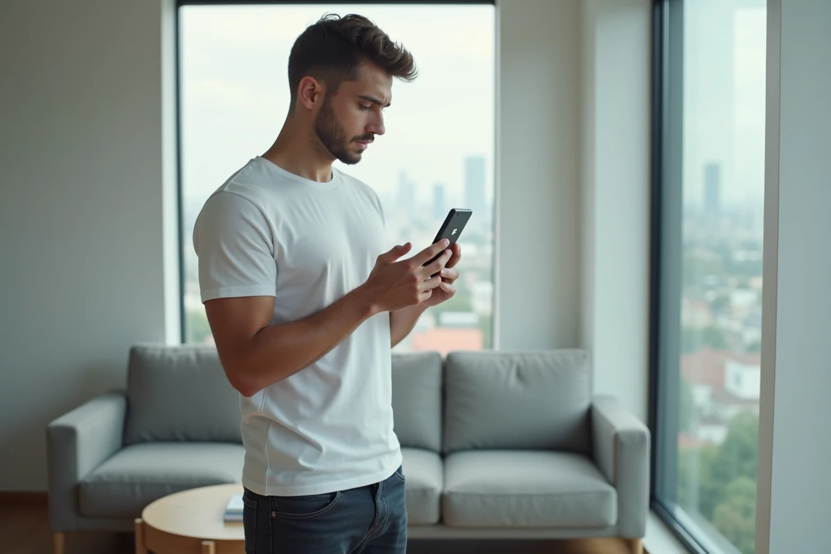 Jeune homme tenant un smartphone avec une interface de téléchargement affichant un symbole de droits d'auteur dans un appartement moderne