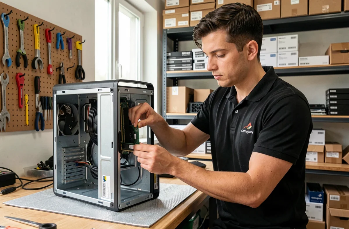 Technicien d'Utech Informatique installant un module RAM dans un ordinateur de bureau dans son atelier