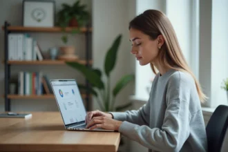 Jeune femme utilisant une plateforme numérique populaire sur son ordinateur portable dans un bureau à domicile moderne