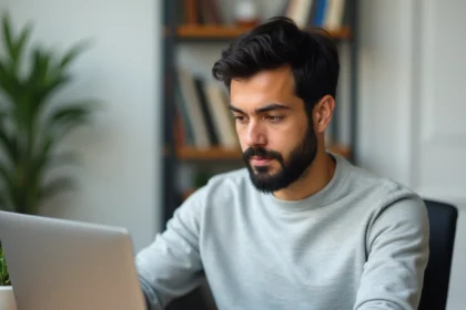 Homme concentré effectuant sa veille innovation en moins de 15 minutes sur un laptop dans un bureau minimaliste moderne