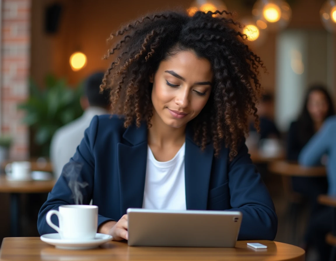 Femme consultant un tableau de bord de veille technologique sur tablette dans un café urbain