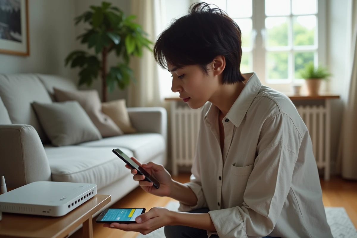 Femme vérifiant les paramètres réseau de sa box internet depuis son smartphone dans un salon