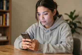 Jeune femme consultant anonymement des stories Instagram sur son smartphone depuis son bureau à domicile