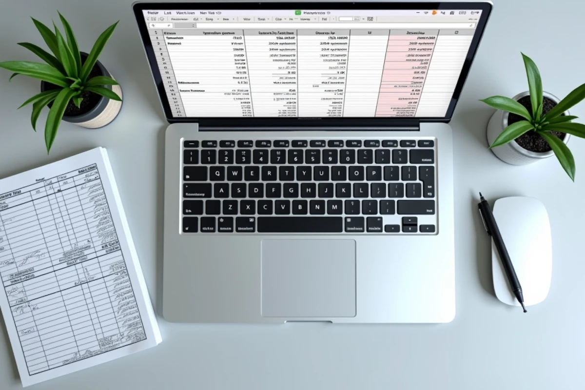Vue aérienne d'un écran Excel affichant des calculs de pourcentages et des formules annotées