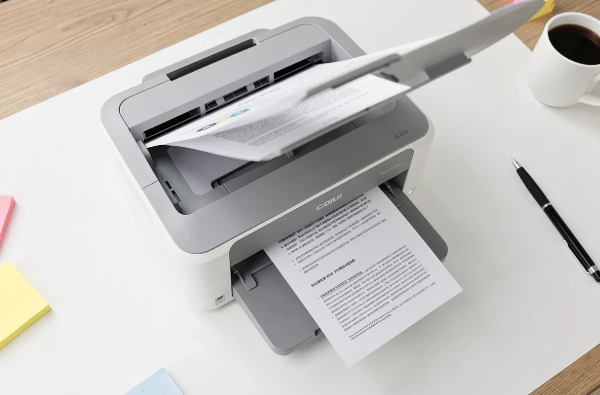 Vue de dessus d'une imprimante tout-en-un avec un document recto verso imprimé sortant du bac papier