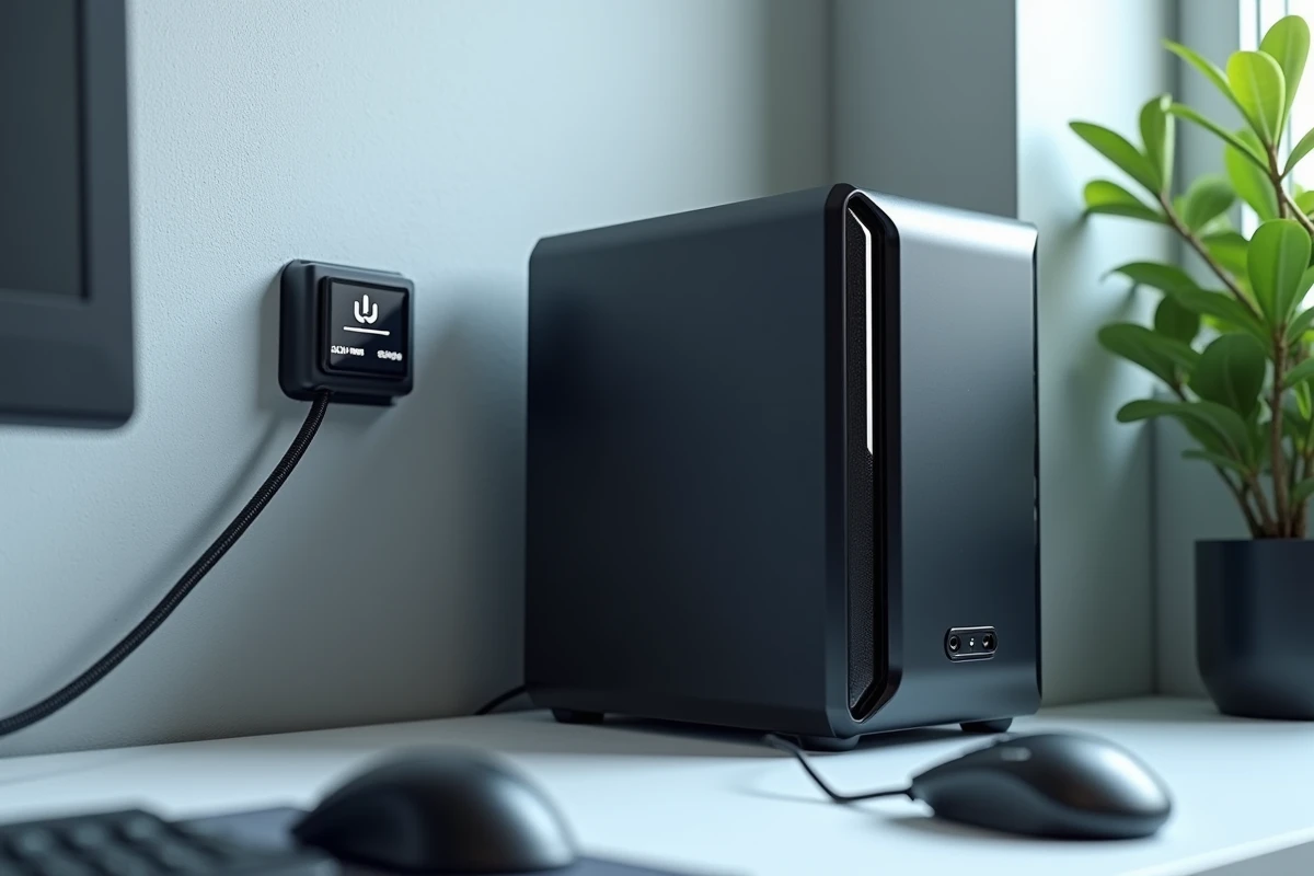 PC gamer PocketPCParadise branché à un wattmètre mesurant la consommation électrique sur un bureau minimaliste