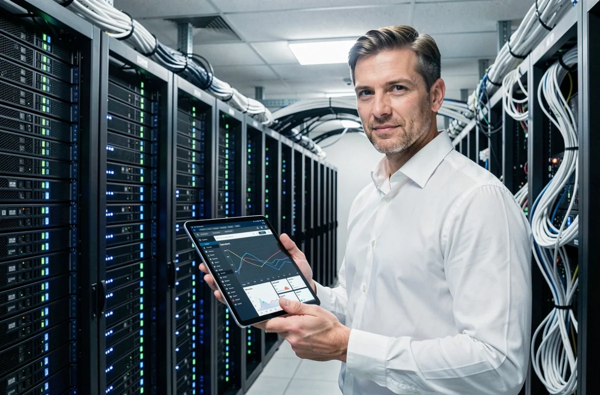 Responsable informatique Weba Infogérance supervisant une salle serveur pour des clients professionnels