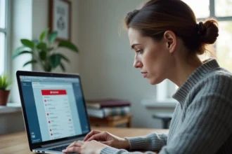 Femme consultant sa boîte mail webmail avec un message d'alerte de stockage saturé sur son ordinateur portable