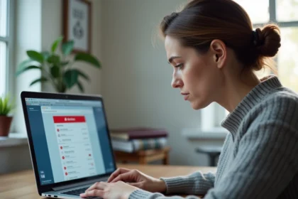 Femme consultant sa boîte mail webmail avec un message d'alerte de stockage saturé sur son ordinateur portable